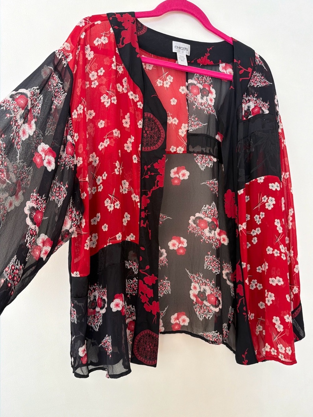 Chico’s Silk Blend Sakura Patchwork Kimono Cardigan Red Black Size 3 (XL) - Picture 3 of 5